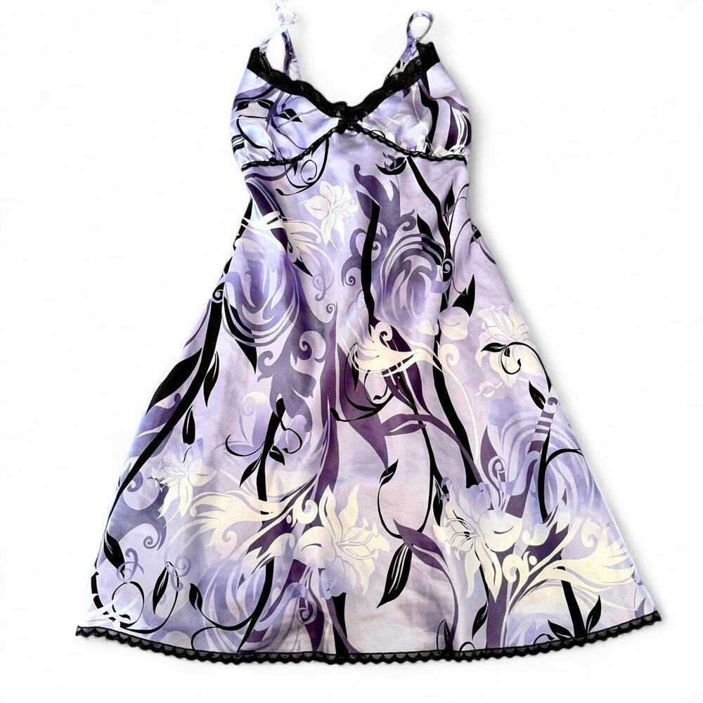 Y2k George Sexy Purple Satin Floral Mini Slip Night Dress Lace Trim Size L 12-14